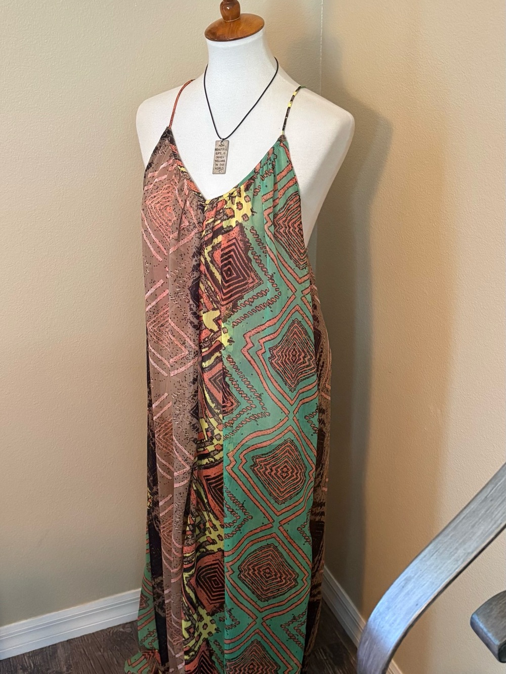 RVCA Geometric Print Maxi Slip Dress in Green and Brown